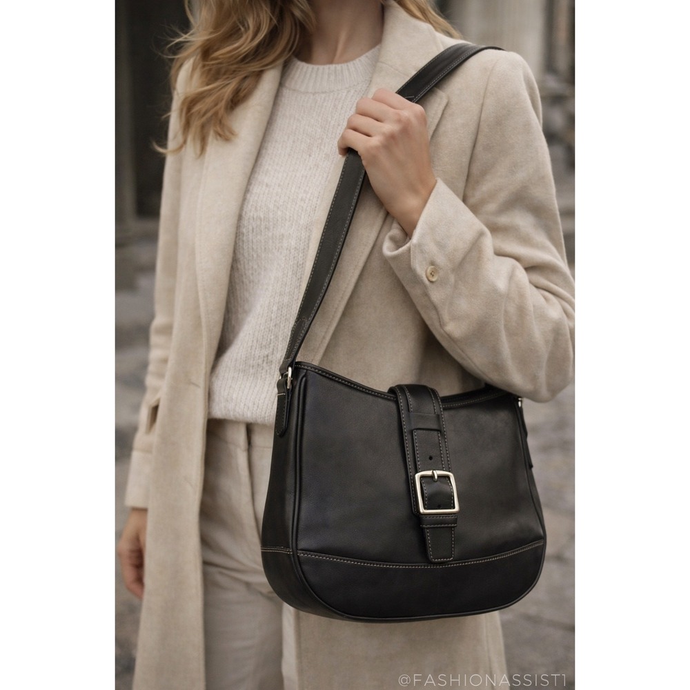 Coach Vtg Leather Shoulder Bag Black Full Grain Buckle Flap D2S-7583 Classic